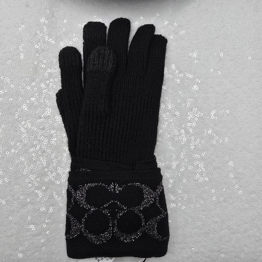 Coach Winter Knit Tech Gloves Black Silver Metallic Merino Warm Wool